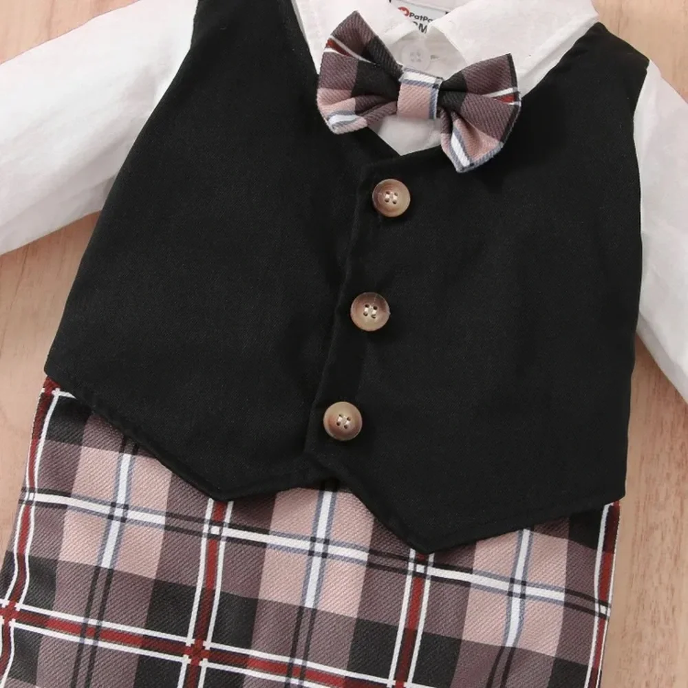 NWT Baby Boy Plaid Bow Tie Waist Coat Faux-two Long-Sleeve Outfit (Size 6-9 )